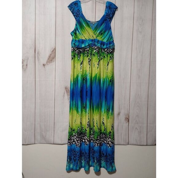 NY Collection Dress Ladies Extra‎ Large Blue Yellow Sleeveless Maxi - Picture 1 of 6
